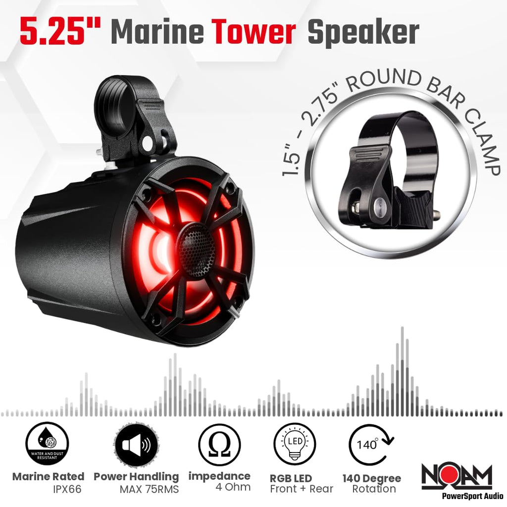 NOAM NUTV5 Quad - Marine ATV/Golf Cart/UTV Stereo System kit – with 4 Waterproof LED Light Tower Speakers, Weatherproof Controller/Head Unit with Bluetooth and AUX Input and Four Channels Amplifier