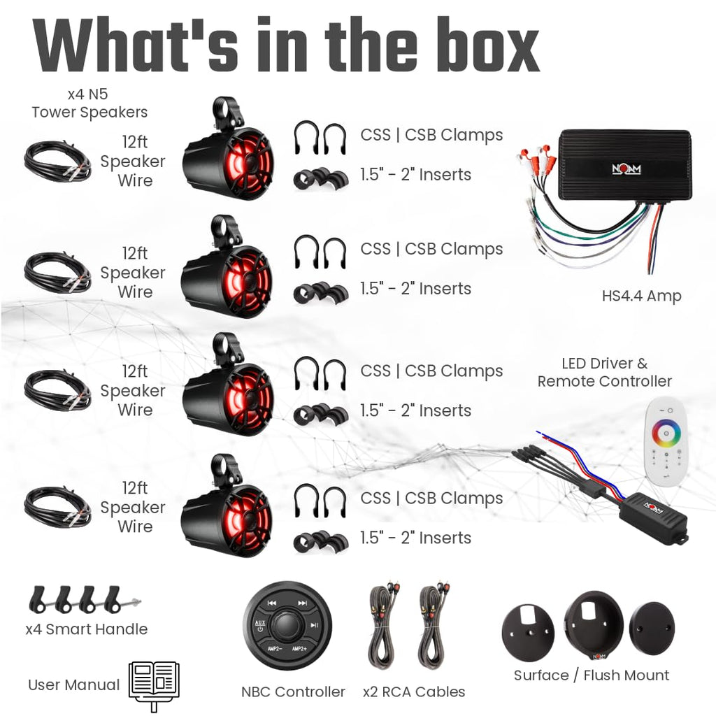 NOAM NUTV5 Quad - Marine ATV/Golf Cart/UTV Stereo System kit – with 4 Waterproof LED Light Tower Speakers, Weatherproof Controller/Head Unit with Bluetooth and AUX Input and Four Channels Amplifier