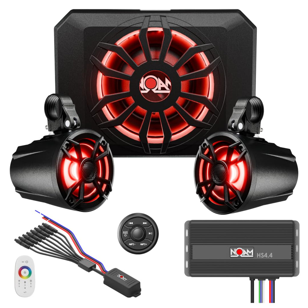 NOAM NUTV5-S PRO - Marine ATV/Golf Cart/UTV Stereo System kit – with 2 Waterproof LED Light Tower Speakers, Subwoofer, Weatherproof Controller with Bluetooth and AUX Input and Four Channels Amplifier