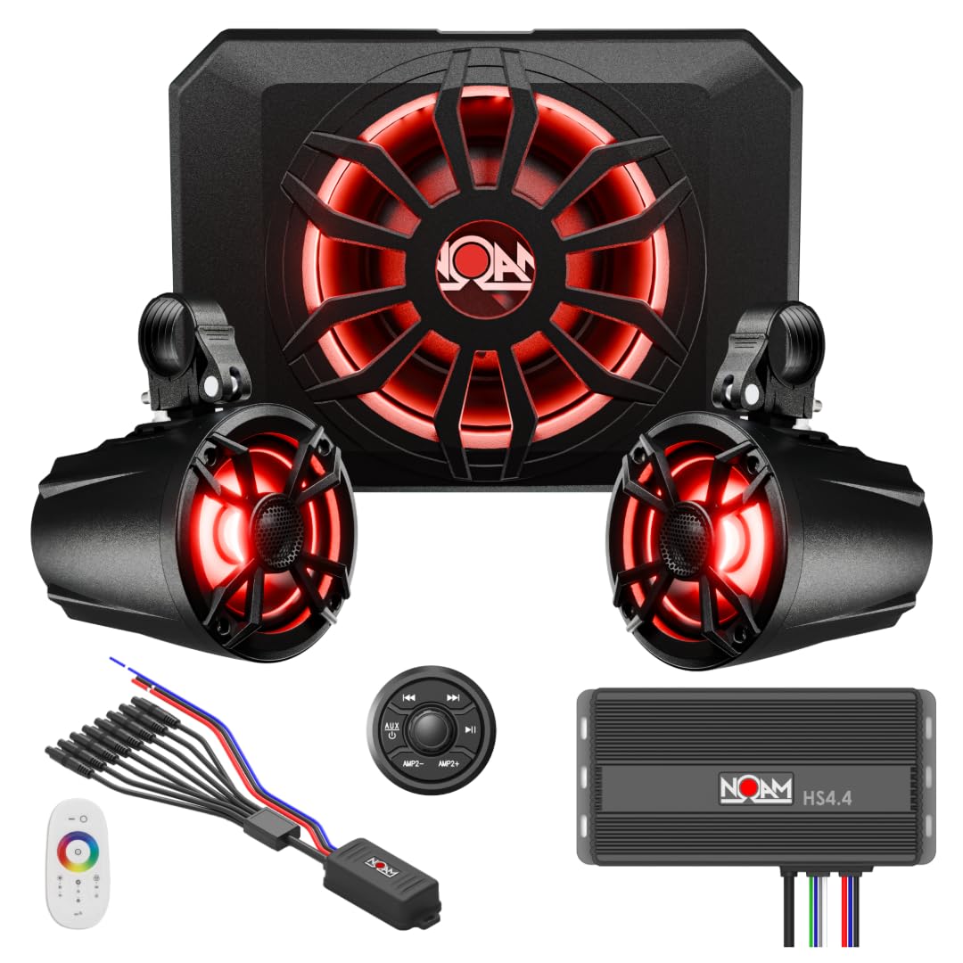 NOAM NUTV5-S PRO - Marine ATV/Golf Cart/UTV Stereo System kit – with 2 Waterproof LED Light Tower Speakers, Subwoofer, Weatherproof Controller with Bluetooth and AUX Input and Four Channels Amplifier