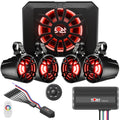 NOAM NUTV5-S Quad PRO - Marine ATV/Golf Cart/UTV Stereo System kit – with 4 Waterproof LED Light Tower Speakers, Subwoofer, Weatherproof Controller with Bluetooth and AUX Input and Four Channels Amp