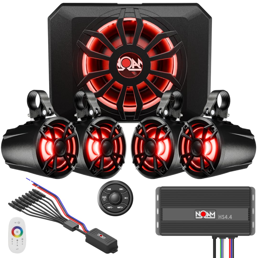 NOAM NUTV5-S Quad PRO - Marine ATV/Golf Cart/UTV Stereo System kit – with 4 Waterproof LED Light Tower Speakers, Subwoofer, Weatherproof Controller with Bluetooth and AUX Input and Four Channels Amp