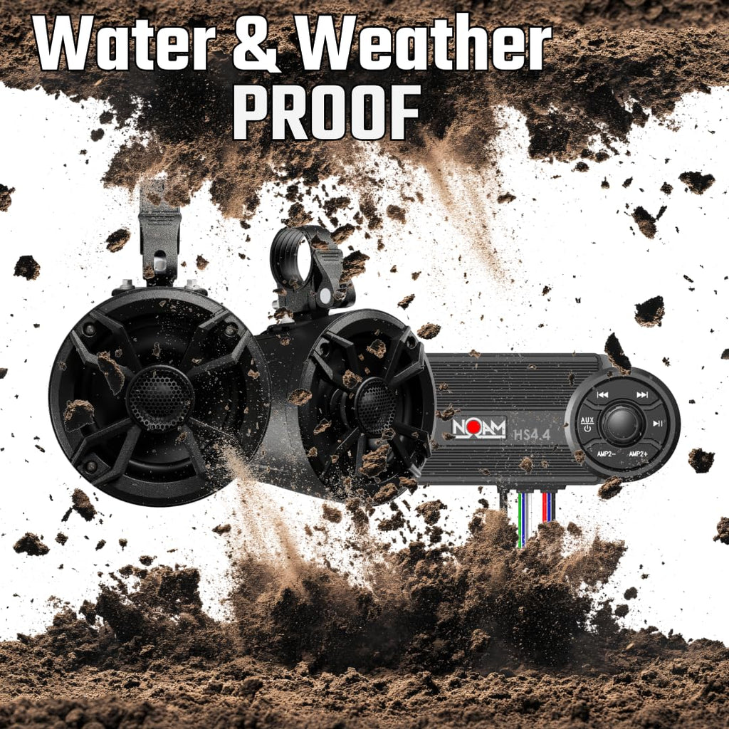 NOAM NUTV5 Quad - Marine ATV/Golf Cart/UTV Stereo System kit – with 4 Waterproof LED Light Tower Speakers, Weatherproof Controller/Head Unit with Bluetooth and AUX Input and Four Channels Amplifier