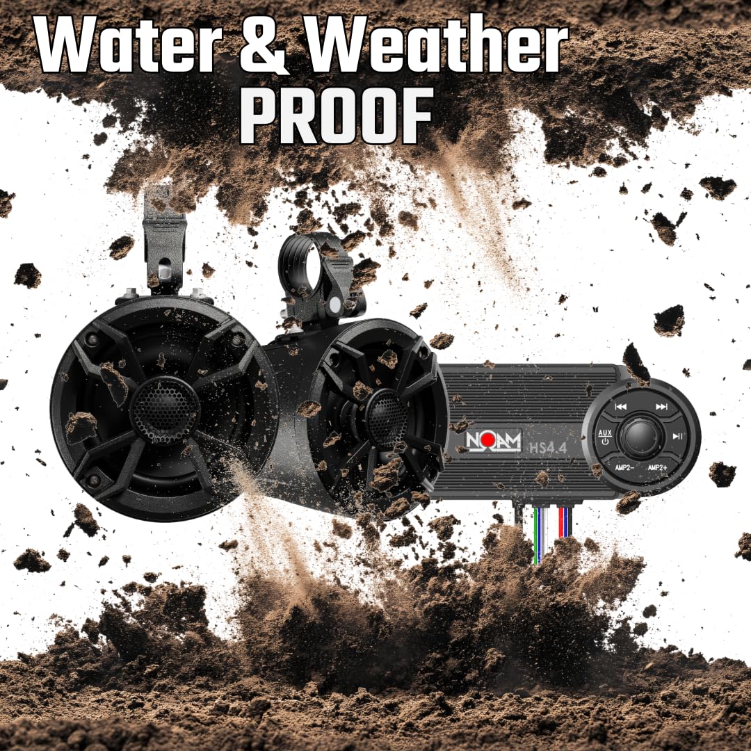 NOAM NUTV5 Quad - Marine ATV/Golf Cart/UTV Stereo System kit – with 4 Waterproof LED Light Tower Speakers, Weatherproof Controller/Head Unit with Bluetooth and AUX Input and Four Channels Amplifier