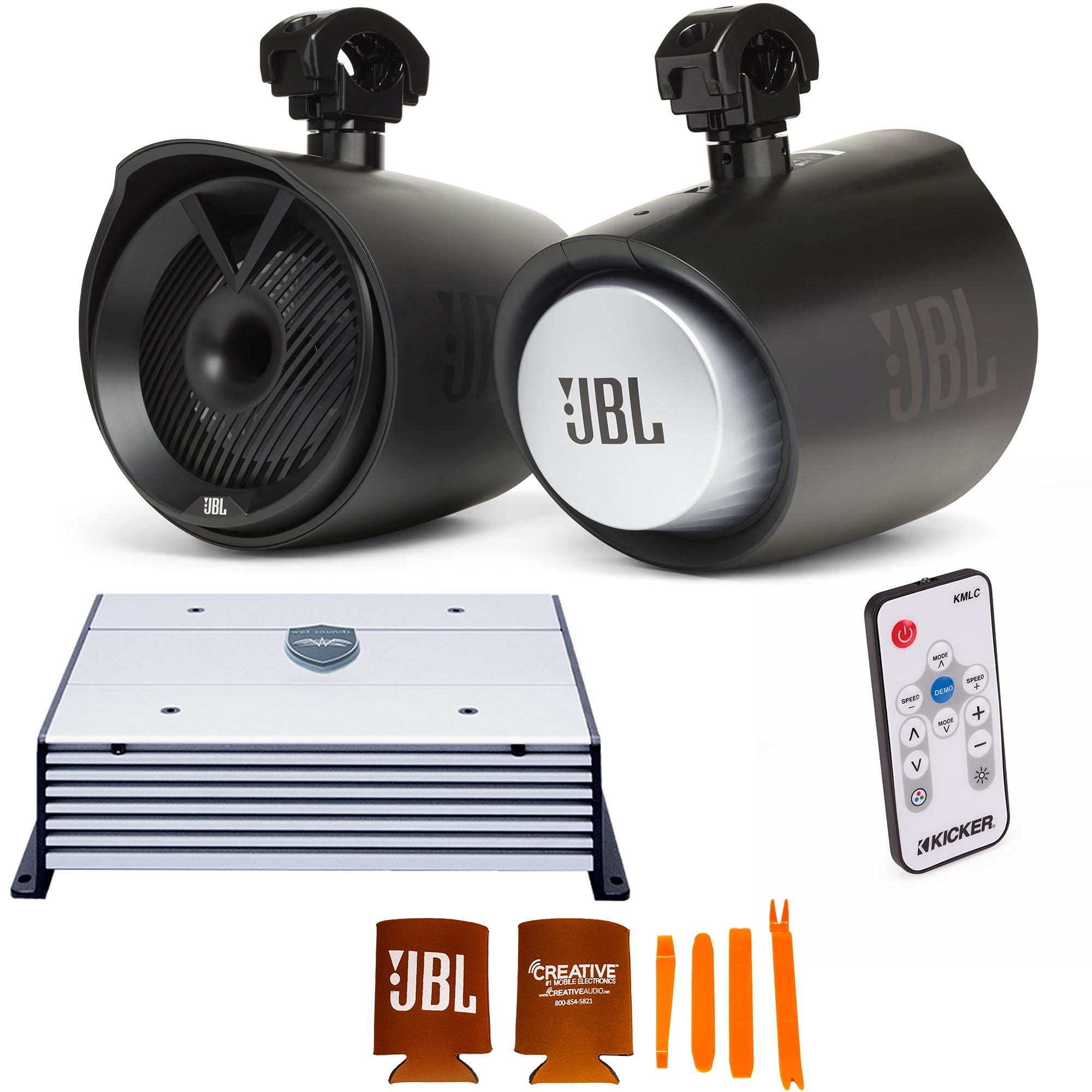 JBL MT8HLB 8" 2-Way Marine Tower Speaker Black & Wet Sounds HTX2 2 Channel Amplifier with Kicker 41KMLC LED Controller