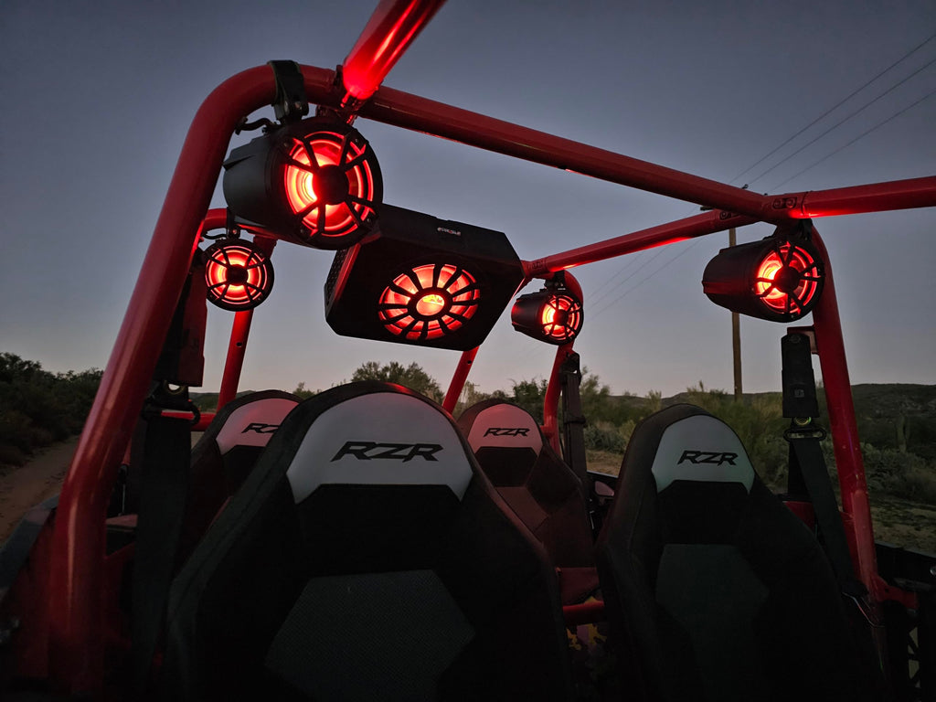 NOAM NUTV5-S PRO - Marine ATV/Golf Cart/UTV Stereo System kit – with 2 Waterproof LED Light Tower Speakers, Subwoofer, Weatherproof Controller with Bluetooth and AUX Input and Four Channels Amplifier