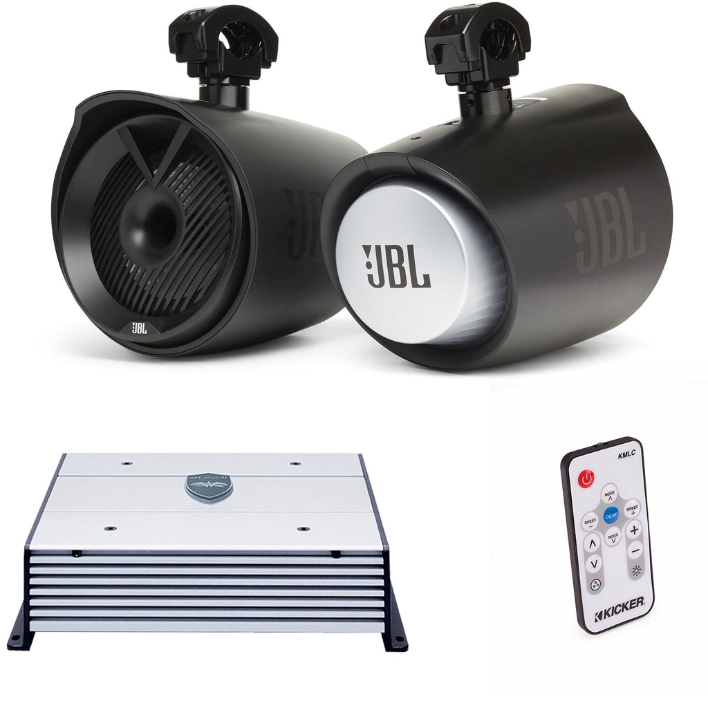 JBL MT8HLB 8" 2-Way Marine Tower Speaker Black & Wet Sounds HTX2 2 Channel Amplifier with Kicker 41KMLC LED Controller