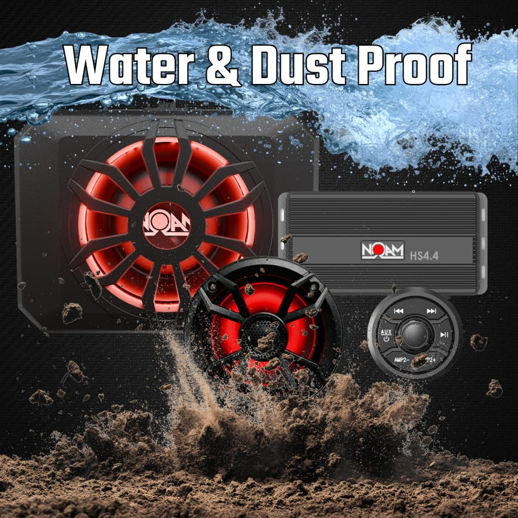 NOAM NUTV5-S Quad PRO - Marine ATV/Golf Cart/UTV Stereo System kit – with 4 Waterproof LED Light Tower Speakers, Subwoofer, Weatherproof Controller with Bluetooth and AUX Input and Four Channels Amp