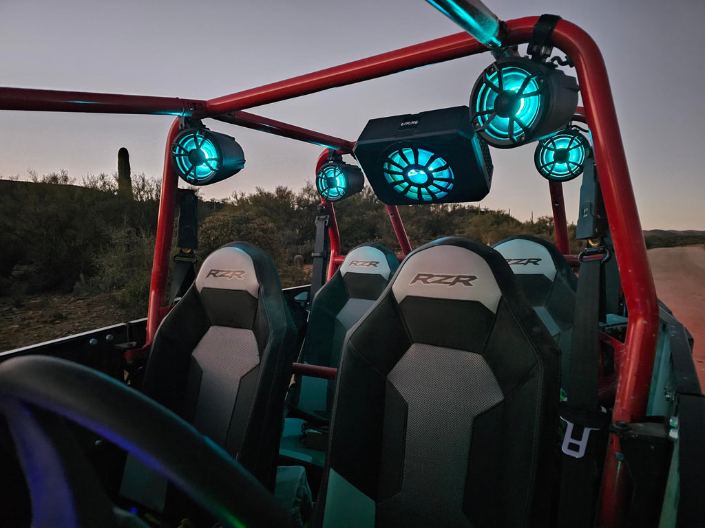 NOAM NUTV5-S Quad PRO - Marine ATV/Golf Cart/UTV Stereo System kit – with 4 Waterproof LED Light Tower Speakers, Subwoofer, Weatherproof Controller with Bluetooth and AUX Input and Four Channels Amp