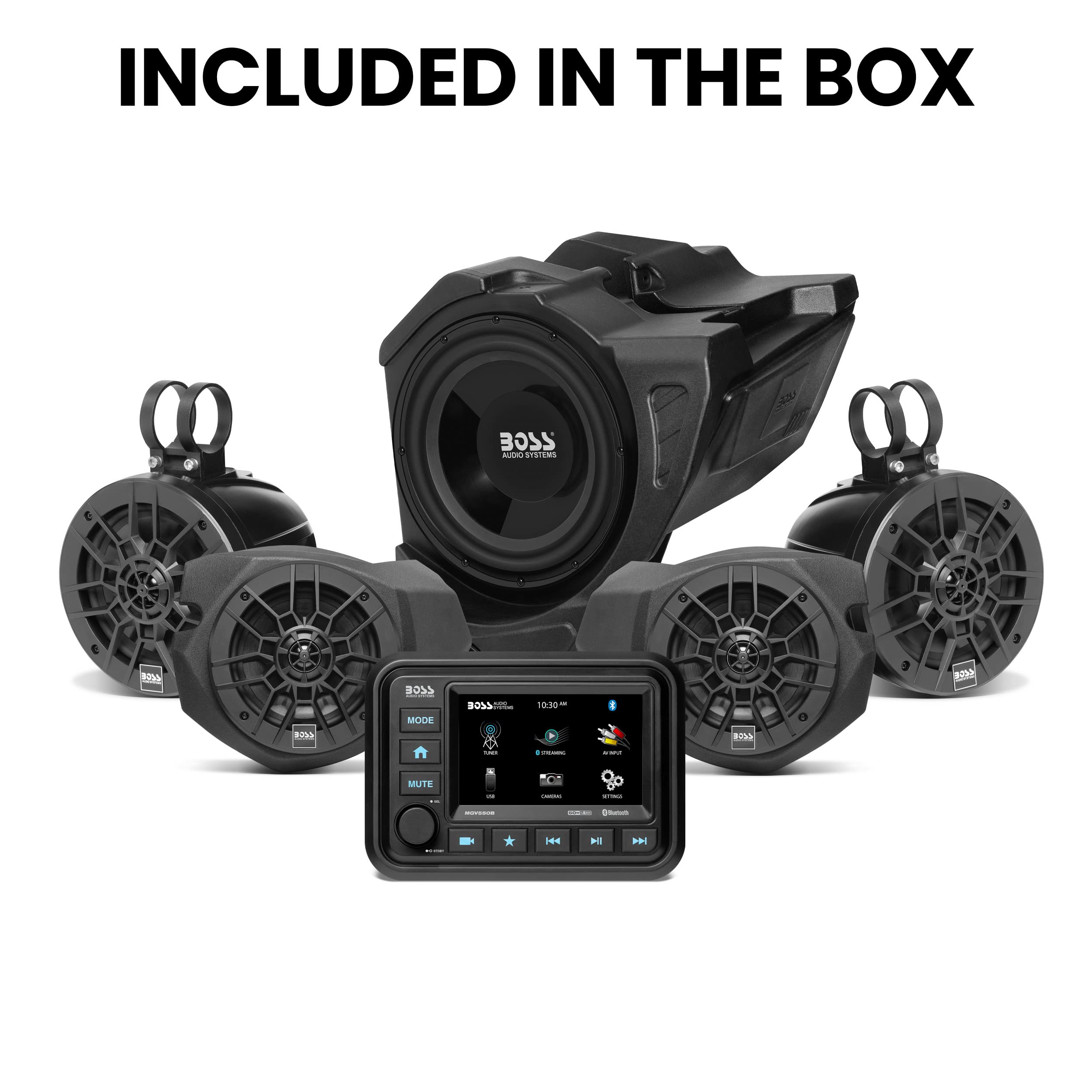 BOSS Audio Systems BPRZR5 ATV Stereo System - Touchscreen Radio Receiver Head Unit, 5 Full Range Speakers, for Polaris RZR 2014-2023 900, 1000, Turbo & XP 1000 Models, Bluetooth, No CD Player
