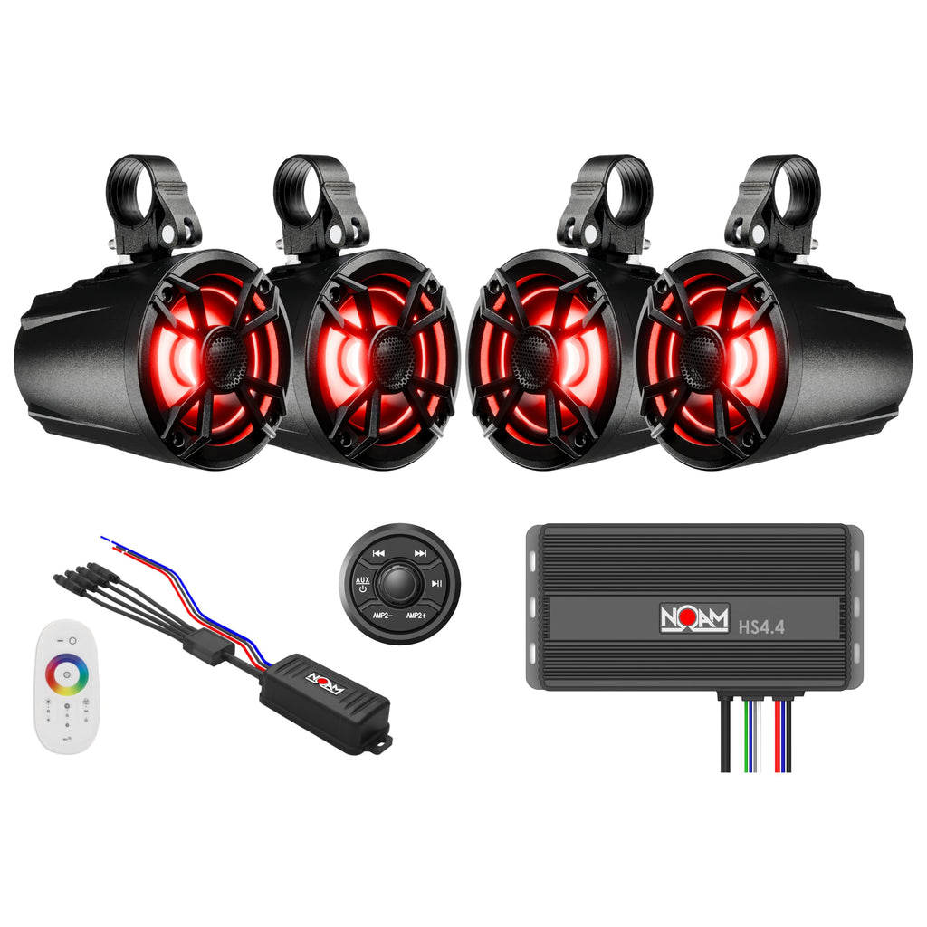 NOAM NUTV5 Quad - Marine ATV/Golf Cart/UTV Stereo System kit – with 4 Waterproof LED Light Tower Speakers, Weatherproof Controller/Head Unit with Bluetooth and AUX Input and Four Channels Amplifier