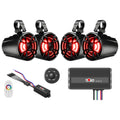 NOAM NUTV5 Quad - Marine ATV/Golf Cart/UTV Stereo System kit – with 4 Waterproof LED Light Tower Speakers, Weatherproof Controller/Head Unit with Bluetooth and AUX Input and Four Channels Amplifier
