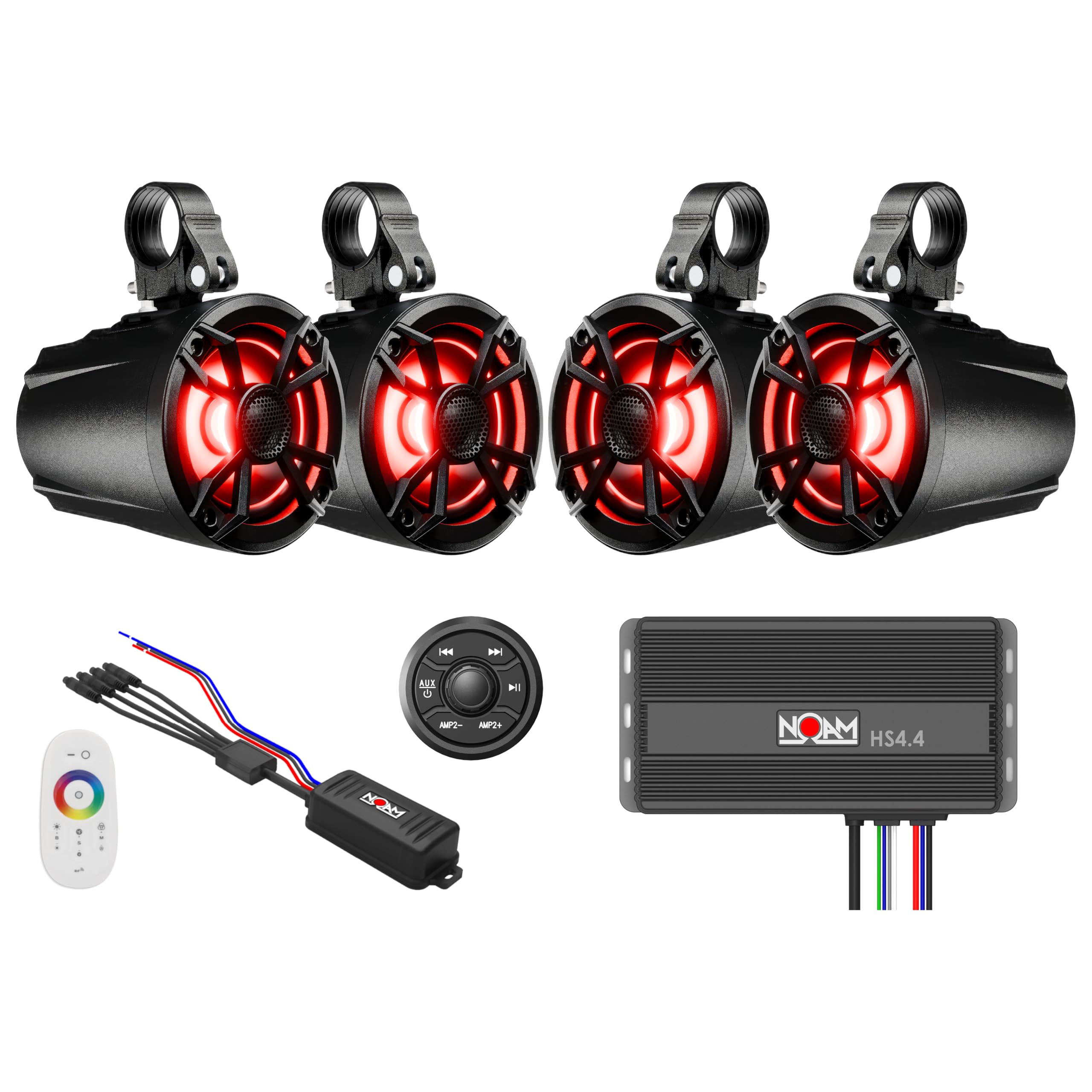 NOAM NUTV5 Quad - Marine ATV/Golf Cart/UTV Stereo System kit – with 4 Waterproof LED Light Tower Speakers, Weatherproof Controller/Head Unit with Bluetooth and AUX Input and Four Channels Amplifier